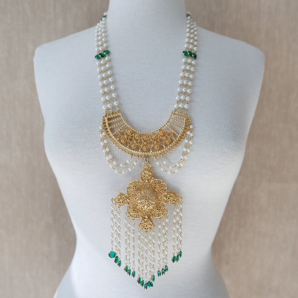 Gold-Tone Filigree Necklace with Pearl & Green Crystal